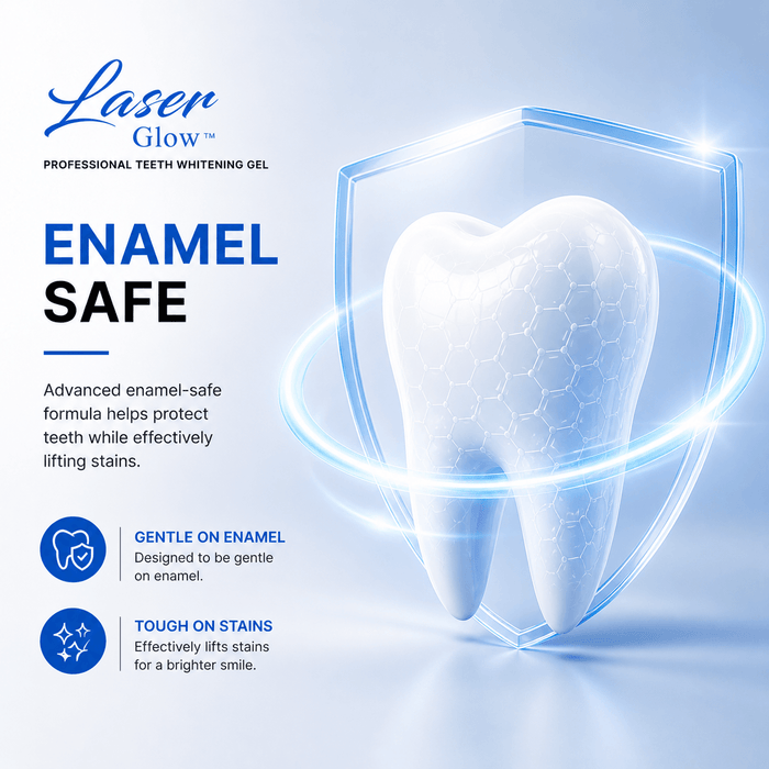 Professional teeth whitening gel graphic with tooth protection icon