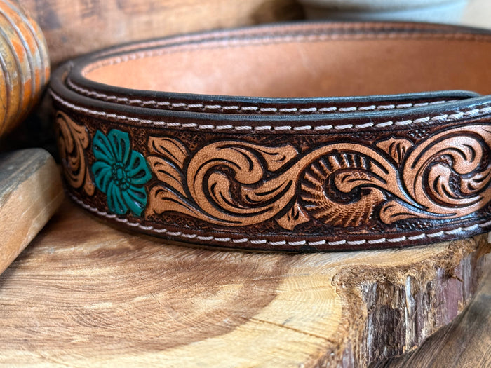 Turquoise floral hand-painted leather belt band with carved scrollwork detail