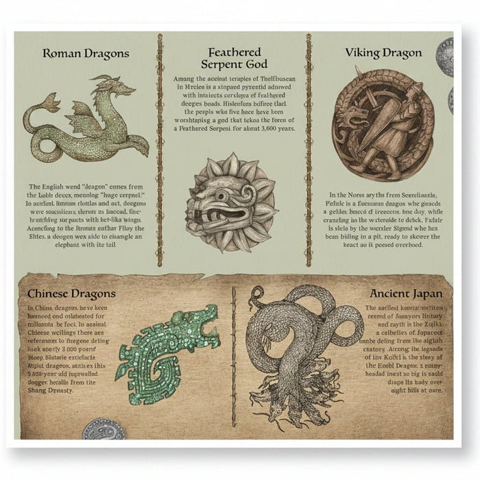 Illustrations and descriptions of various dragons from different cultures on a textured background.