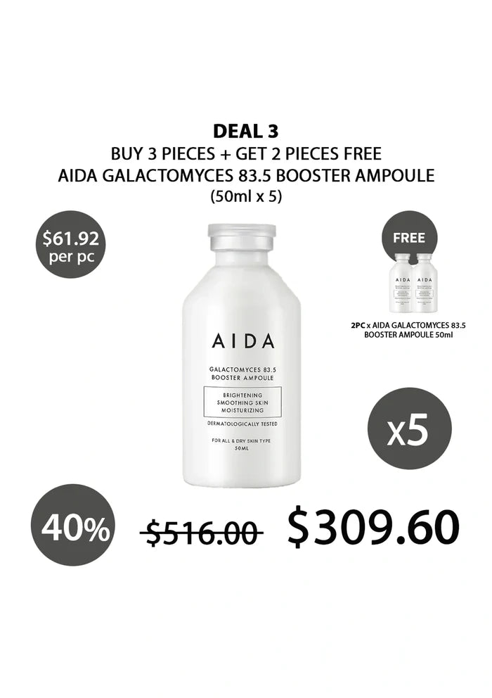 AIDA Galactomyces 83.5 Booster Ampoule deal with product and promotional text on a white background