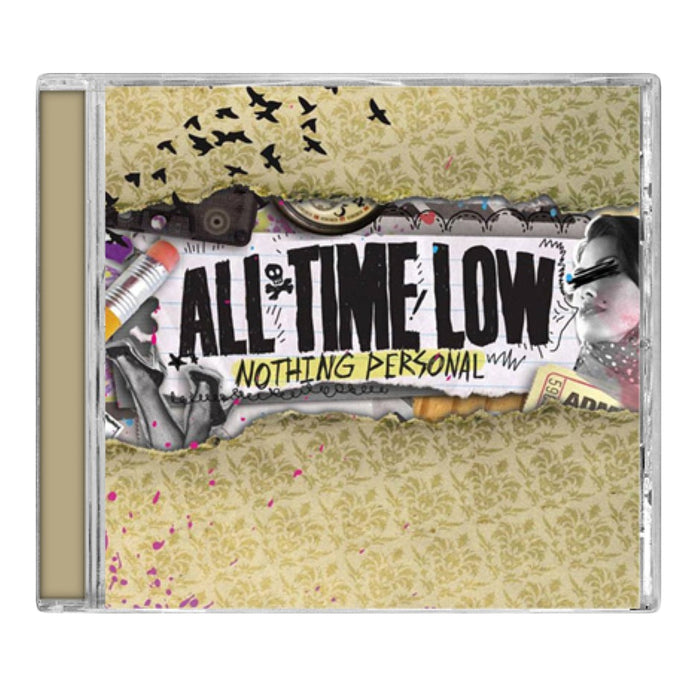 CD Album Cover on white background. All Time Low - Nothing Personal. Collage of various imagery on a yellow/gold patterned background.