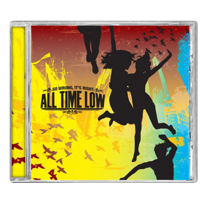 CD Album cover on white background. All Time Low - So Wrong, It's Right. Black silhouettes of several people jumping over a multi-color skyline with birds.