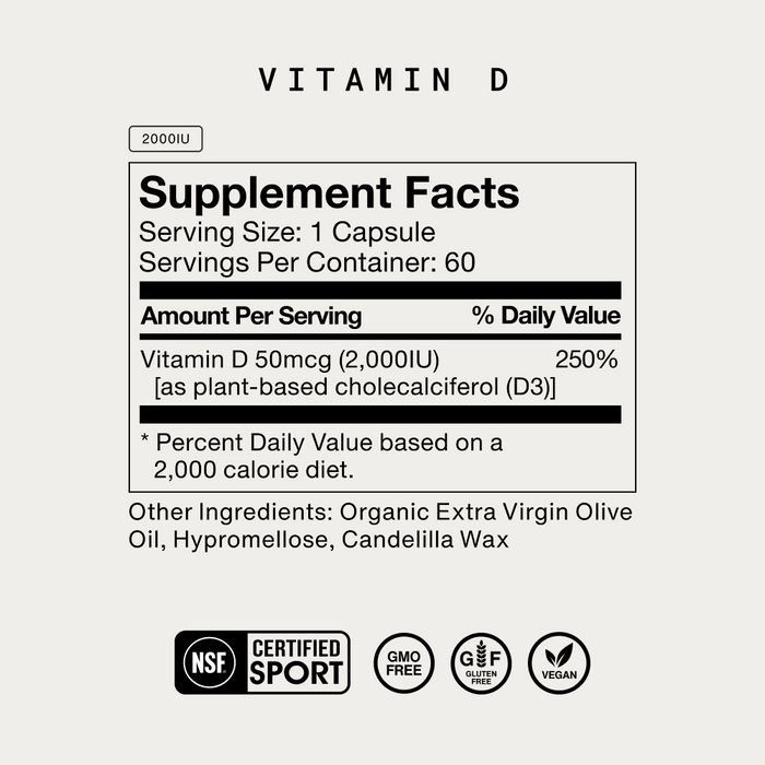 Momentous Vitamin D3 Supplement Facts. 2000IU, 60 Servings. Serving Size: 1 Capsule. Vitamin D 50mcg (2000IU) 250%, as plant-based cholecalciferol (D3). Other Ingredients: Organic Extra Virgin Olive Oil, Hypromellose, Candelilla Wax. NSF Certified for Sport. GMO Free, Gluten Free, Vegan.