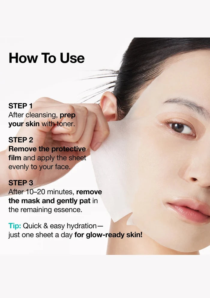 Instructions on how to use a facial sheet mask with a close-up of a person applying it.