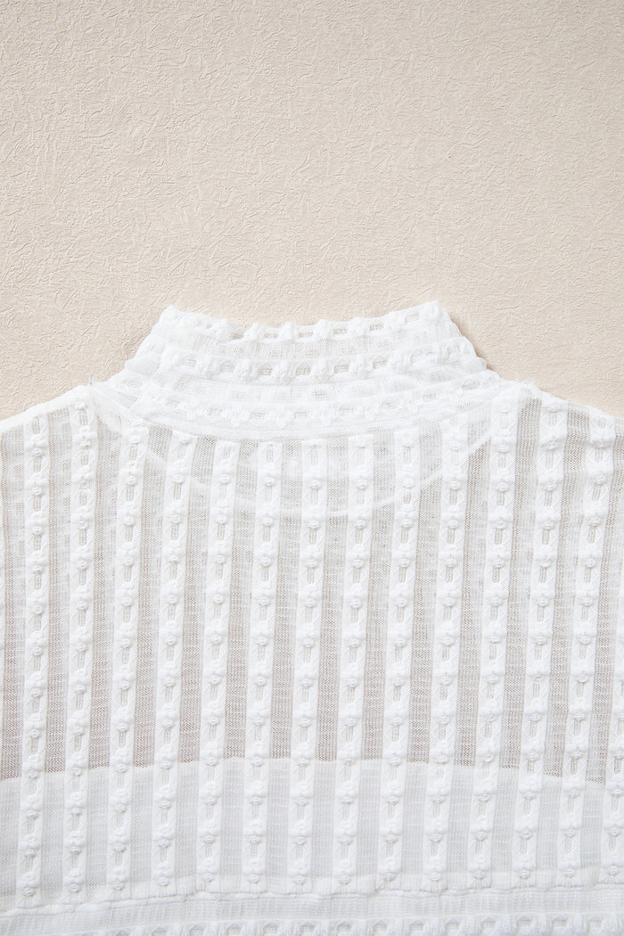 Beige Textured Sheer Lace High Neck Long Sleeve Top 🇺🇸