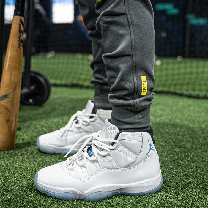 Close up of gray sweatpants with small, yellow BL101 text