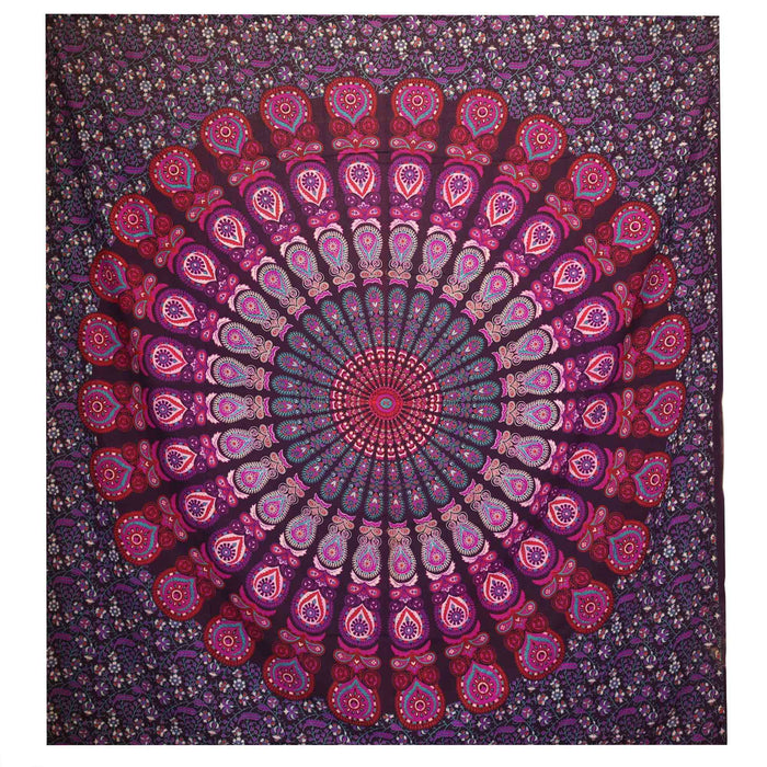 Double Cotton Bedspread + Wall Hanging - Peacock Mandala - Purple 🇬🇧