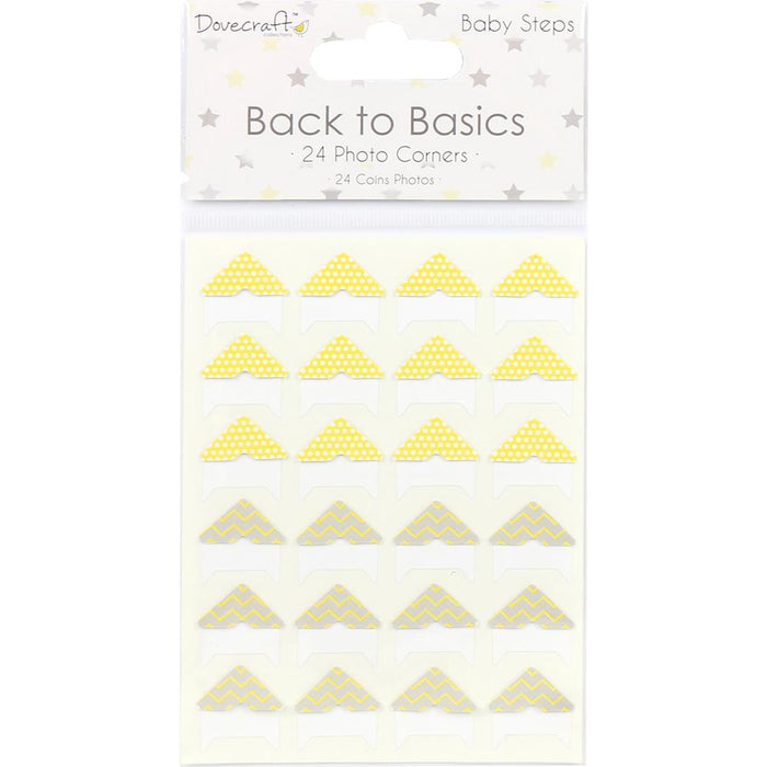 Dovecraft - Back To Basics Photo Corners 24/Pkg - Baby Steps. Make your memories even more endearing by adding these photo corners to your favorite snaps in your scrapbooks and papercraft projects. This 3.75x7.5 inch package contains 24 photo corner stickers in two designs. Imported. Available at Embellish Away located in Bowmanville Ontario Canada.
