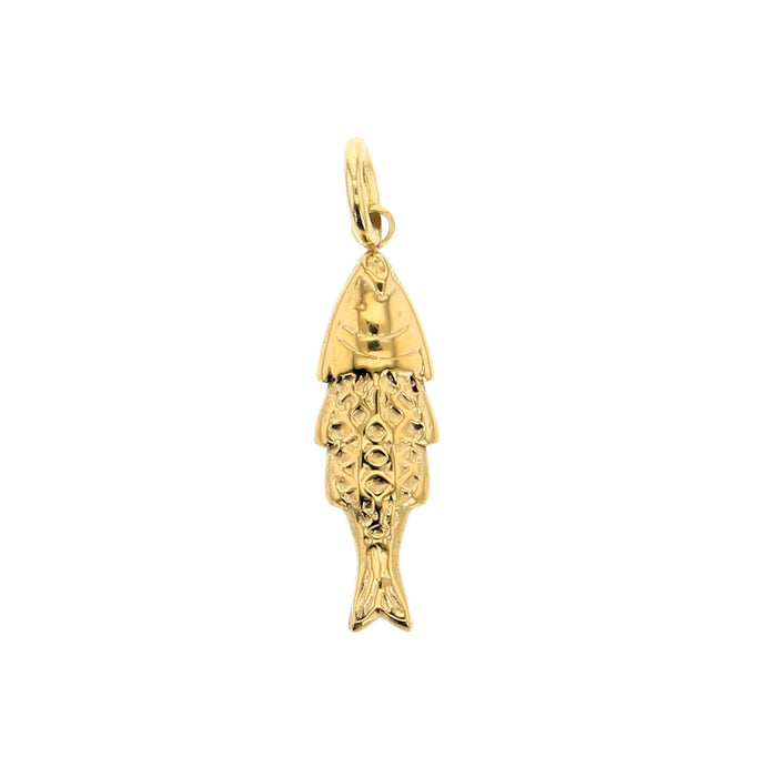 Gold fish charm pendant with engraved body detail and top hanging ring