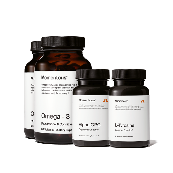 Focus & Cognition Bundle that includes Alpha GPC, two bottles of Omega-3, and Tyrosine