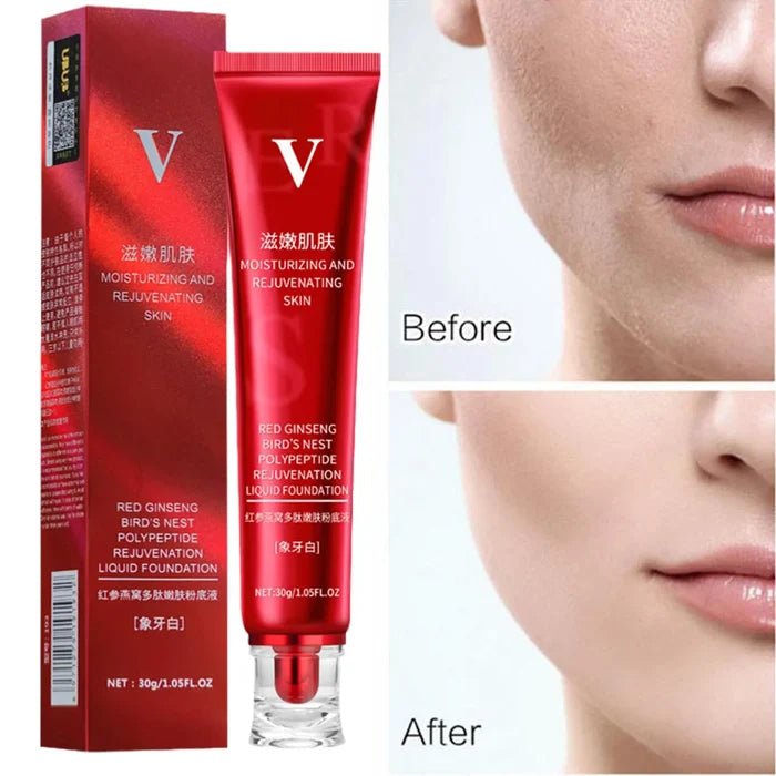 Red tube and box of moisturizing and rejuvenating liquid foundation with before and after face skin improvement
