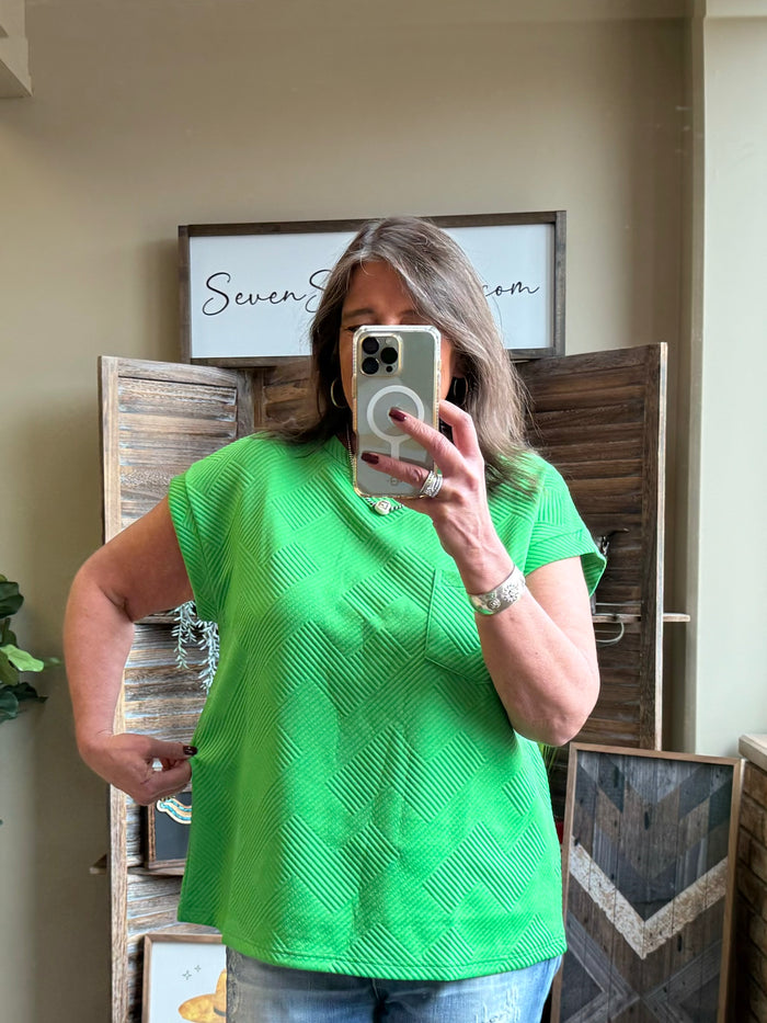 Kelly green textured T-shirt with crew neck and short sleeves, front view