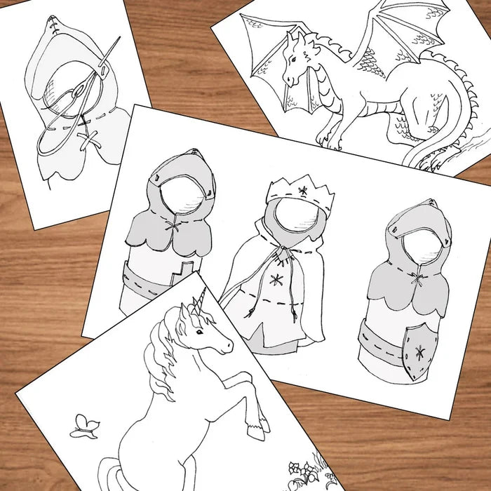 Coloring pages of a knight, dragon, princess, and unicorn on a wooden surface.