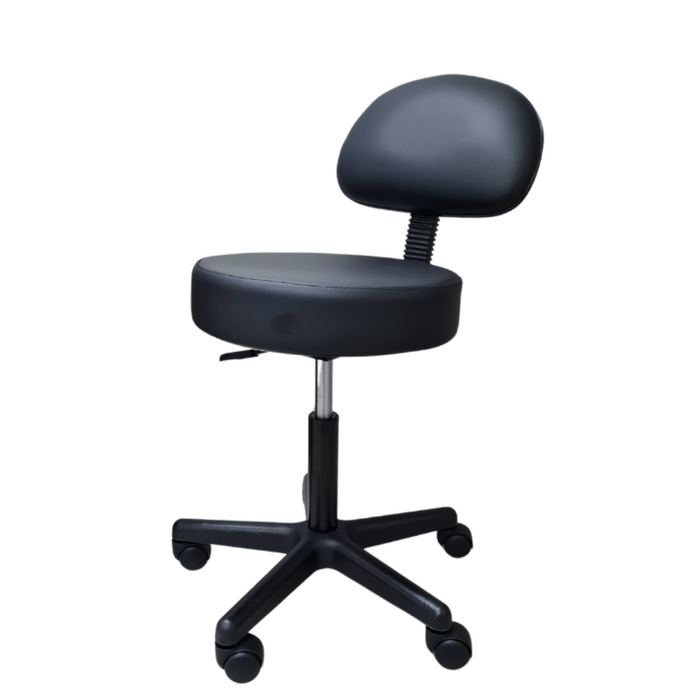 E008 Black Gas lift Therapist Stool with Backrest | A black PVC leather therapist manicure stool with backrest with a five-star nylon-base and gas lift mechanism, featuring a black frame and castors for mobility.