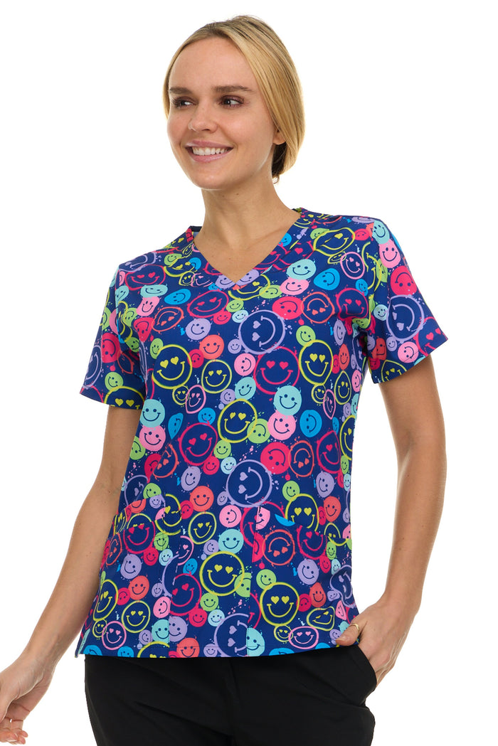 Medichic Kendall Be Happy Smiles Printed V-Neck Scrub Top