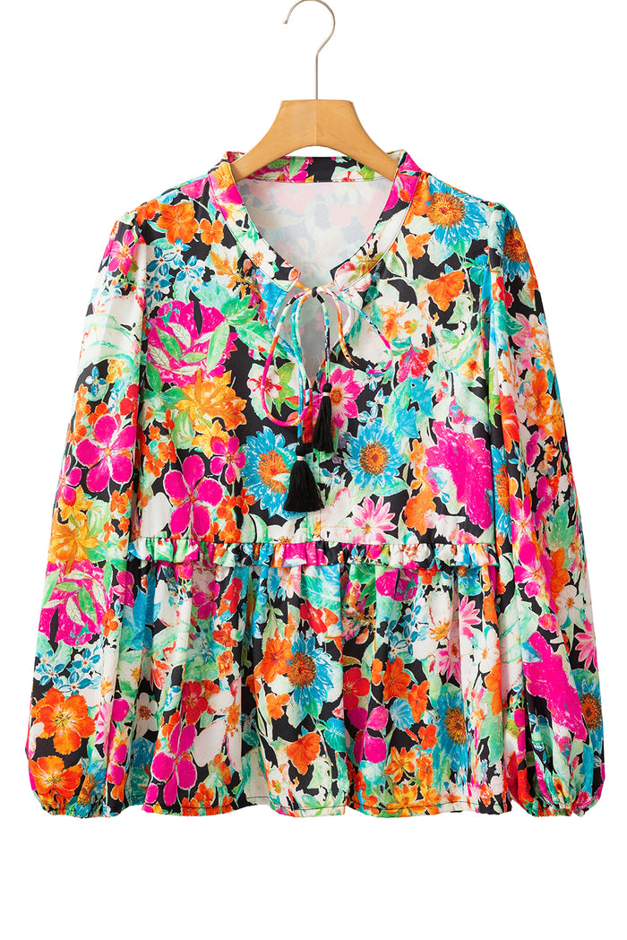 Multicolour Floral Print Bubble Sleeve V Neck Ruffled Blouse 🇺🇸