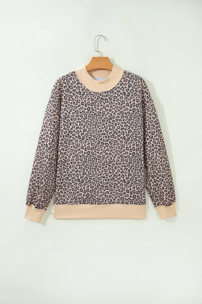 Multicolour Leopard Print High Neck Long Sleeve Ribbed Cuffs Hem Sweatshirt 🇺🇸