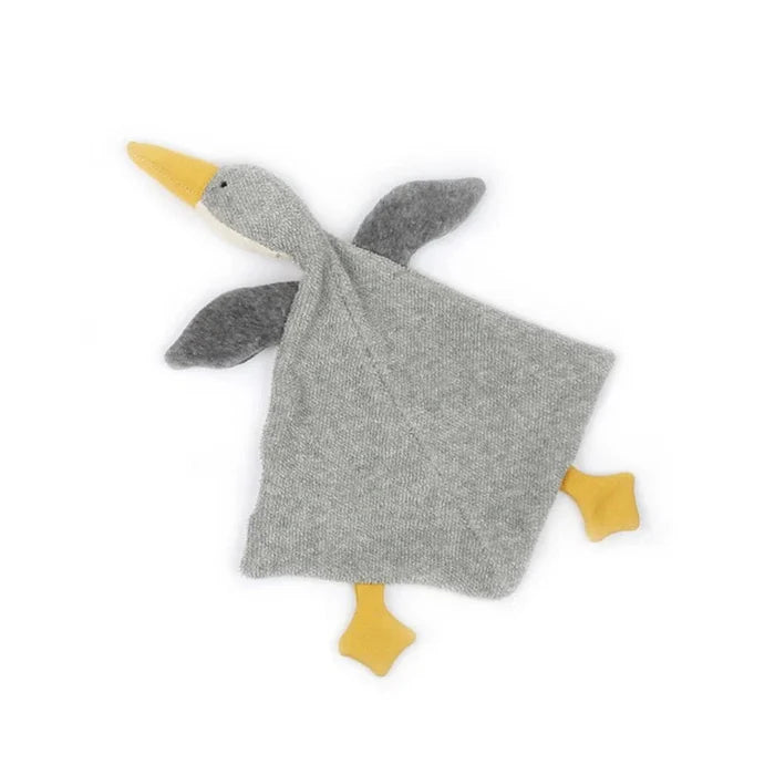 Gray goose-shaped soft towel doll with yellow accents on a white background