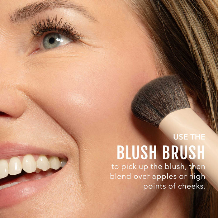No Makeup Makeup – Woman applying pink blush & lip color with a brush, close-up of face, natural minimal makeup