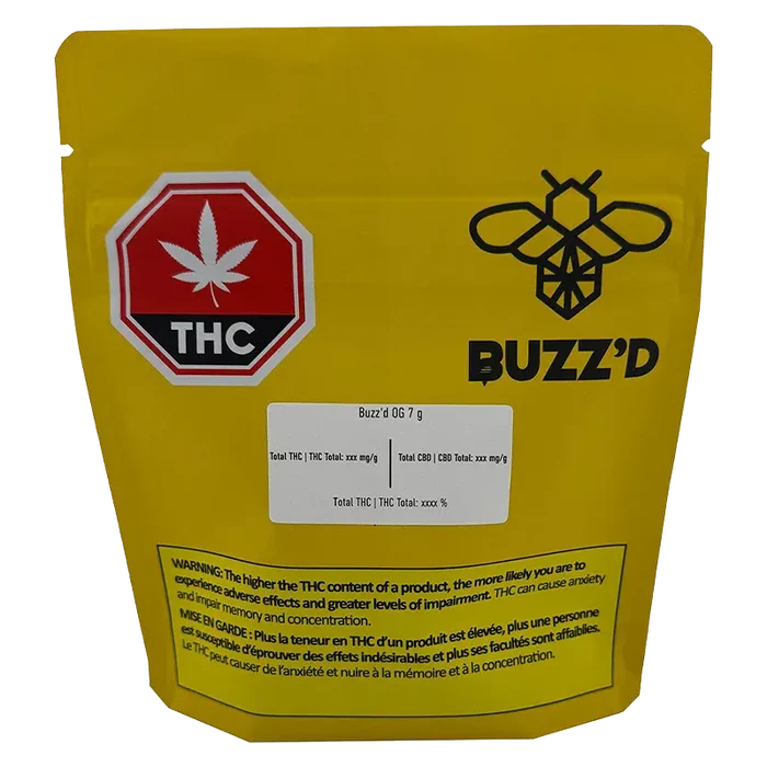 Front-facing shot of the yellow Buzz'd OG pouch with bold bee logo and a red THC stop-sign graphic.