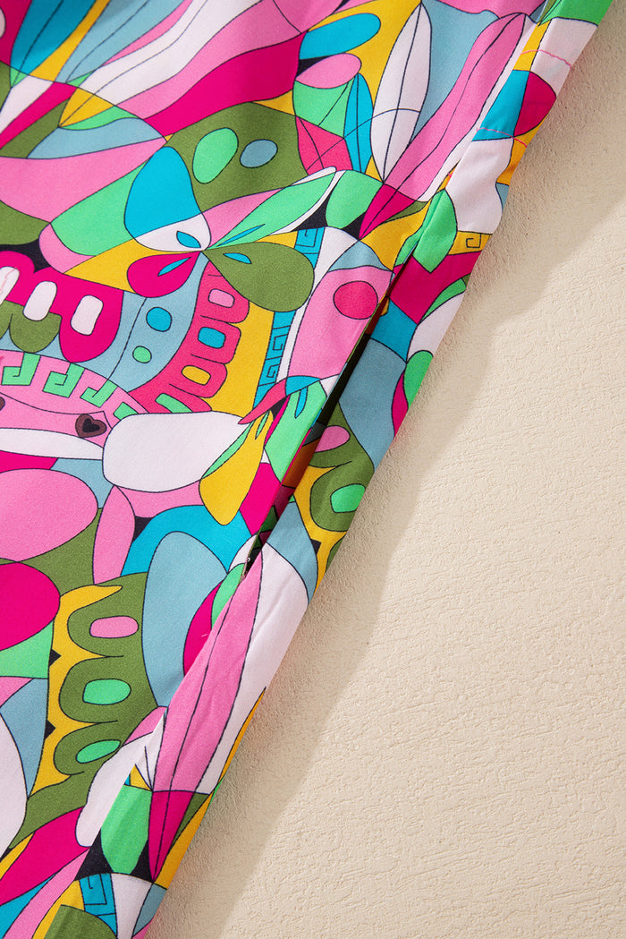 Pink Abstract Printed Lantern Sleeve Buttoned Mini Dress 🇺🇸