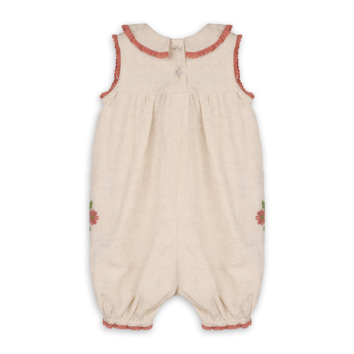 Poppy Floral Embroidered Sleeveless Baby Romper (Natural Linen Blend)