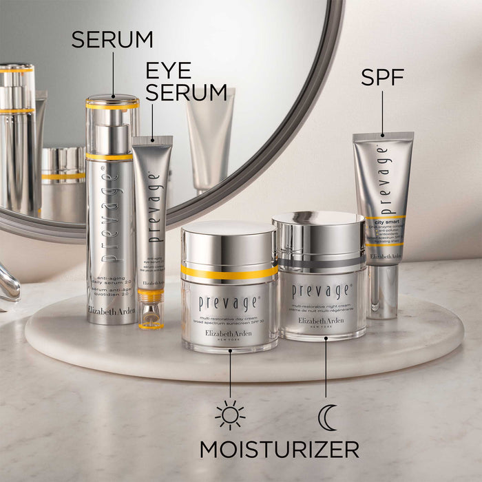 Prevage Regimen: Step 1 - Apply Prevage Daily Serum 2.0 on cleansed face. Step 2- Apply Prevage eye serum 2.0. Step 3- For day time, apply Prevage Multi-restorative Day Cream SPF and for night, apply Prevage Multi-Restorative Night Cream. Step 4- Apply Prevage City Smart Hydrating Shield SPF40.