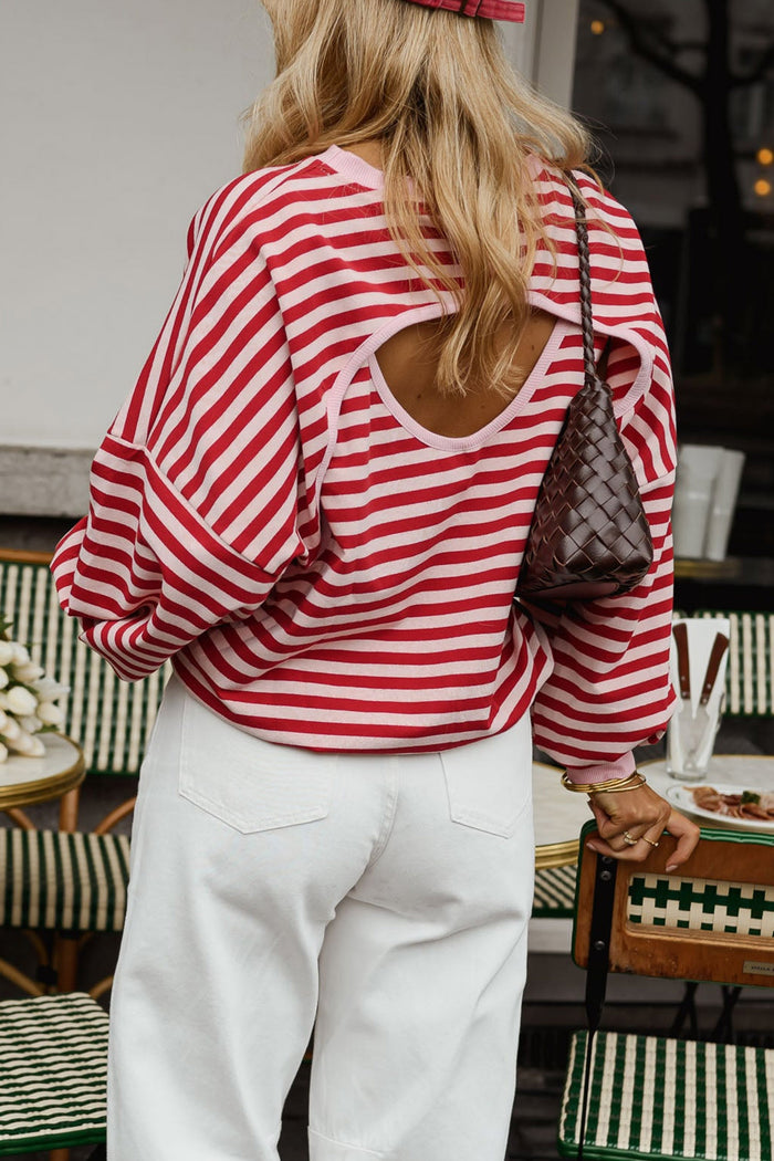 Red Stripe Cutout Open Back Long Sleeve Loose Top 🇺🇸