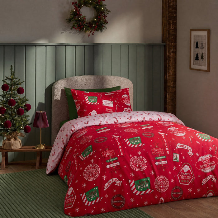 Santa Stop Here Slogan Reversible Duvet Cover Set, Red/White - Single 🇬🇧