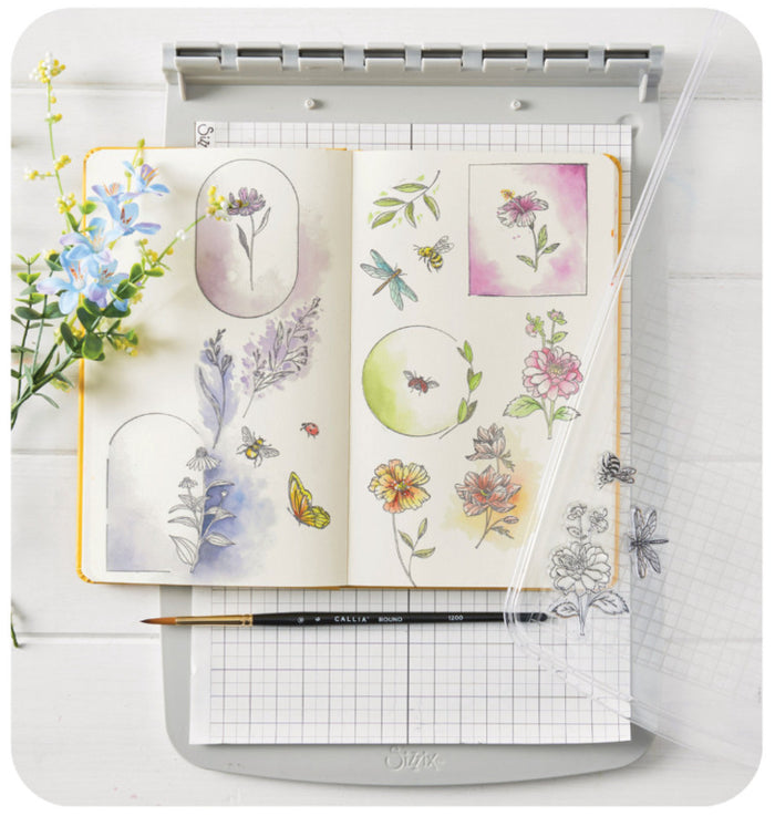 Sizzix - Clear Stamp Set by Willow Wolfe - Floral Frames and Mini Flowers (18pk)). At Embellish Away in Bowmanville Ontario Canada. Example by Willow Wolfe.