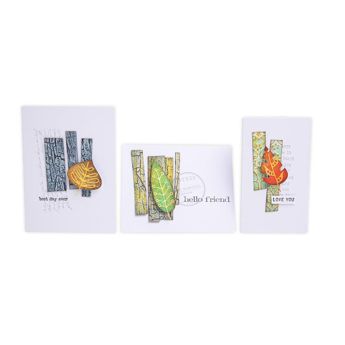 Sizzix - Thinlits Dies By Tim Holtz - 18/Pkg - Artsy Leaves. Inspired by all things autumnal, in Tim's signature style, these beautiful leaf shapes are perfect to work as the center of your project, or for adorning seasonal makes. Available at Embellish Away located in Bowmanville Ontario Canada. Example by brand ambassador.