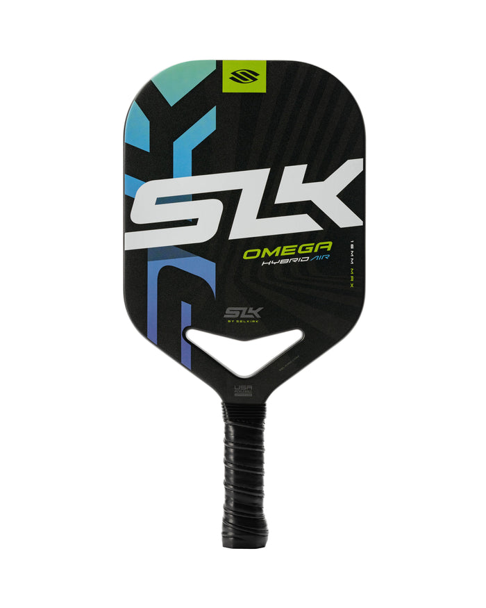SLK OMEGA Hybrid Air paddle with a 12k UltraWeave Carbon Fiber Face, featuring a black and colorful design.