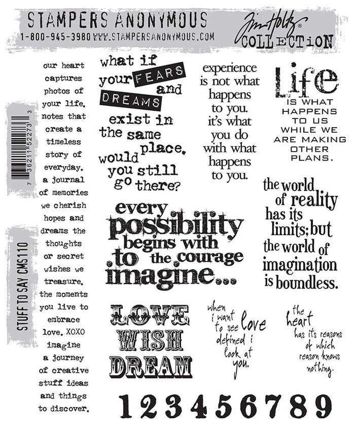 Stampers Anonymous - Tim Holtz - Cling Stamps - Stuff To Say. Available at Embellish Away located in Bowmanville Ontario Canada.