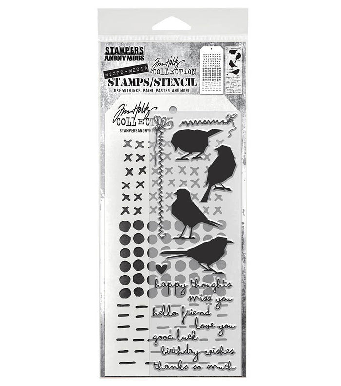 Tim Holtz - Mixed Media Clear Stamp & Stencil - Silhouette Birds. Available at Embellish Away located in Bowmanville Ontario Canada.