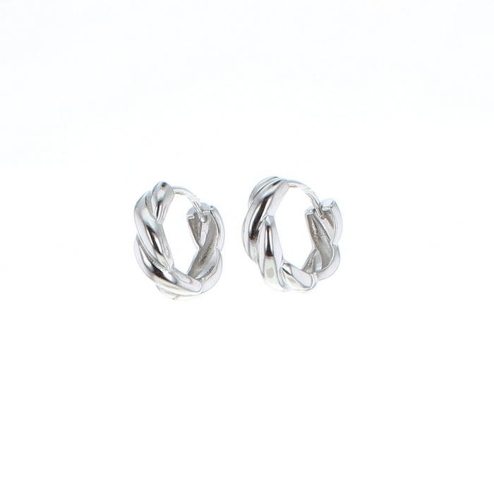 Silver twisted hoop earrings with hinged clasp, round profile