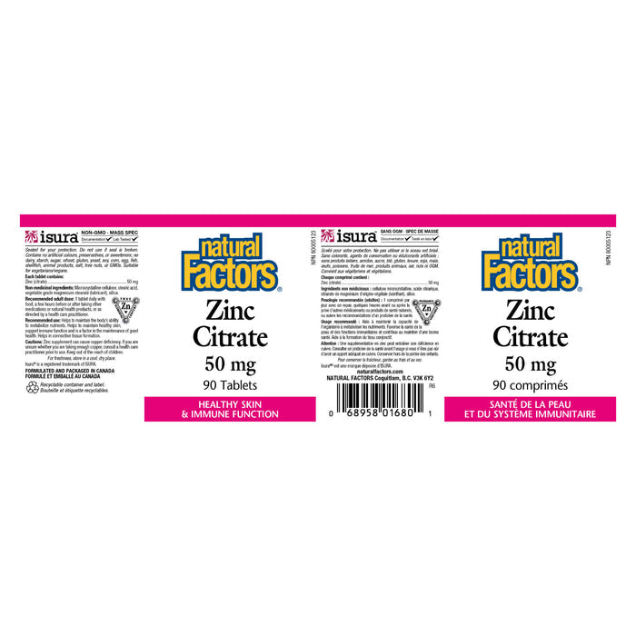 Natural Factors Zinc Citrate 50 mg Label