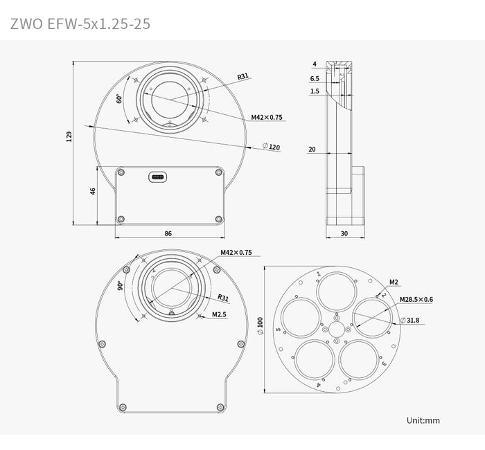 ZWO EFW Mini 5x1.25"/31mm (2025) 5-Slot Precision Electronic Filter Wheel