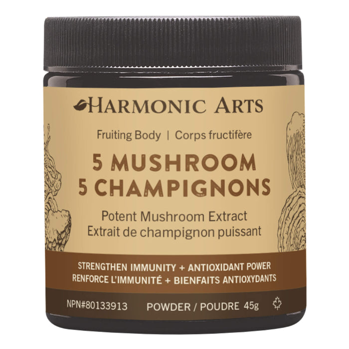 Jar of Harmonic Arts 5 Mushroom Powder 45 Grams