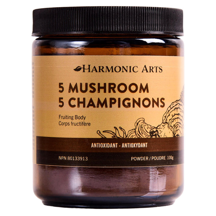 Jar of Harmonic Arts 5 Mushroom Concentrated Mushroom Powder 100 Grams