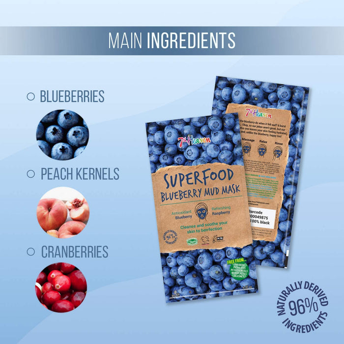 7th Heaven Superfood Blueberry Mud Face Mask with Refreshing Raspberry and Anti-oxidant Blueberry to Soothe and Hydrate Skin - Ideal for All Skin Types