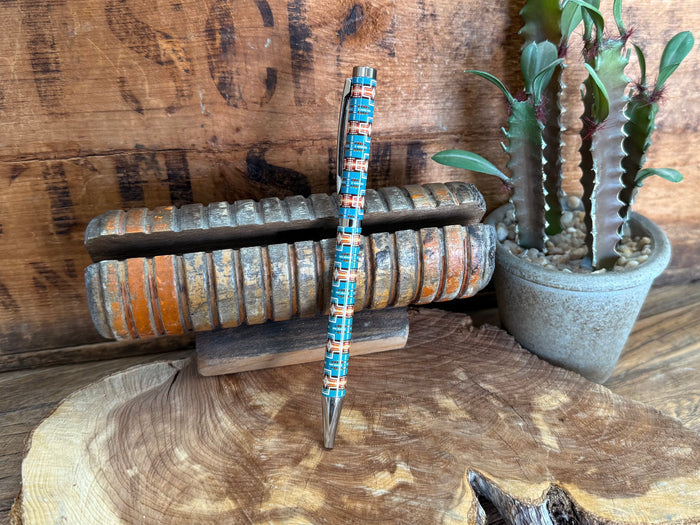 Turquoise patterned ballpoint pen with silver tip and cap, Aztec-style bands
