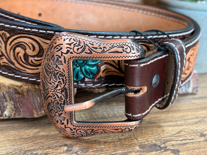 Turquoise floral hand-painted leather belt close-up with turquoise inset buckle