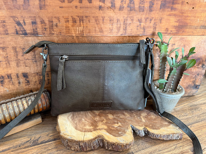 Dark olive leather crossbody purse with adjustable strap and two external zip pockets
