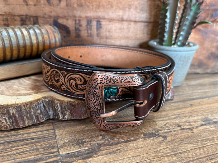 Turquoise floral hand-painted leather belt with ornate strap and metal buckle