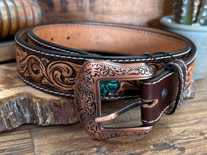 Turquoise floral hand-painted leather belt, decorative stitching and studded buckle