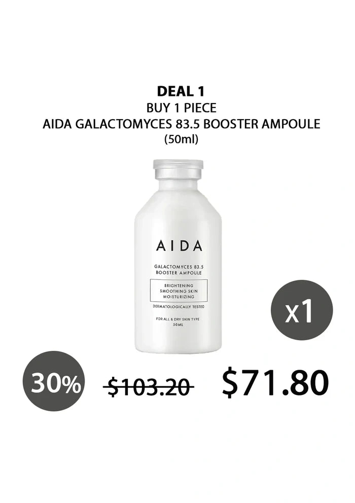AIDA Galactomyces 83.5 Booster Ampoule bottle with pricing and deal information on a white background