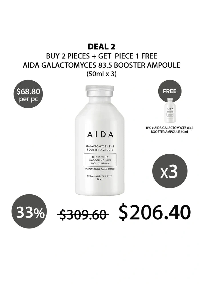 AIDA Galactomyces 83.5 Booster Ampoule advertisement with pricing and deal details on a white background.