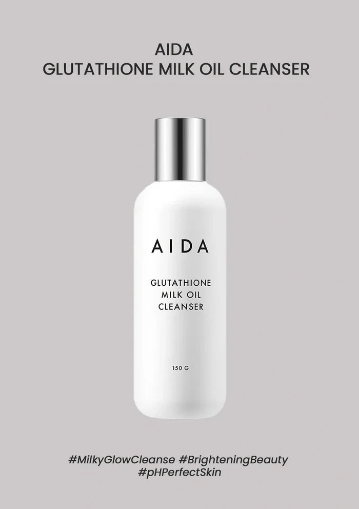AIDA Glutathione Milk Oil Cleanser bottle on a gray background