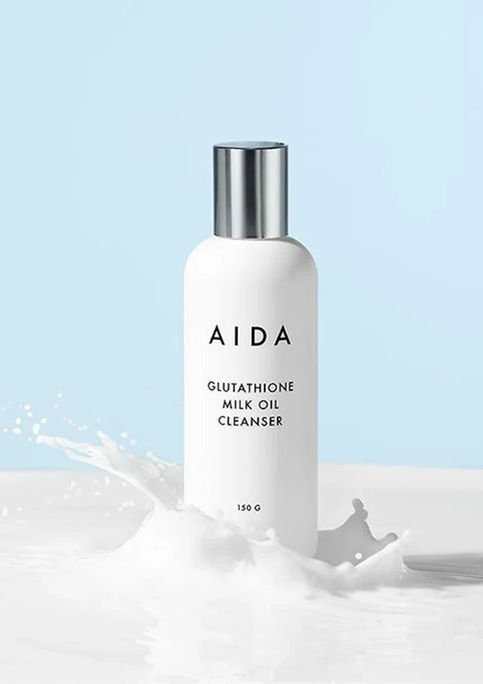 AIDA Glutathione Milk Oil Cleanser bottle with a light blue background