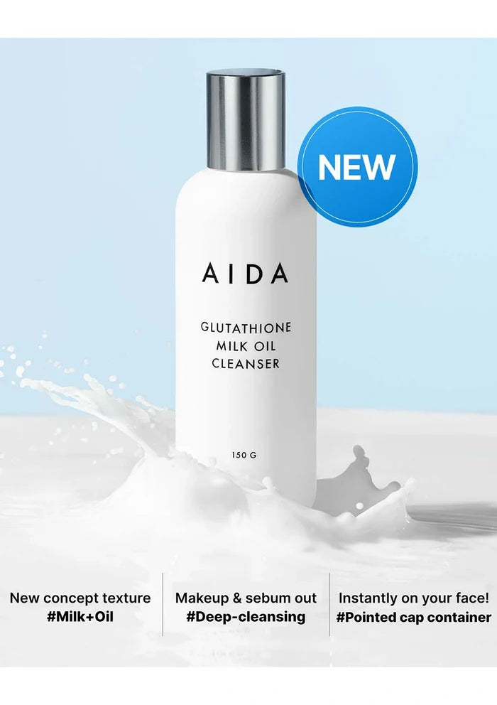 AIDA Glutathione Milk Oil Cleanser bottle with splashes of milk on a light blue background
